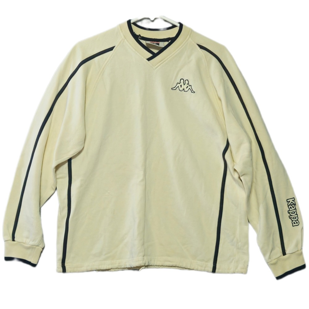 Kappa Sweatshirt Mens Medium Cream V-Neck Raglan Piping Drawstring Hem Logo